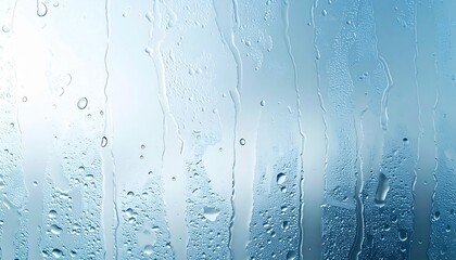 Foggy glass surface with condensation droplets and streaks of water on a light blue background. Perfect for weather, moisture, and texture themes.