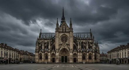 Cathedral's Majestic Facade: Capturing the architectural splendor of a gothic cathedral, its intricate facade stands tall against a dramatic, moody sky.