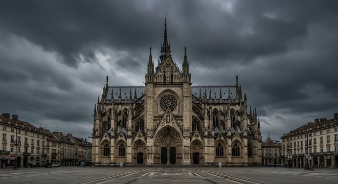 Cathedral's Majestic Facade: Capturing the architectural splendor of a gothic cathedral, its intricate facade stands tall against a dramatic, moody sky.
