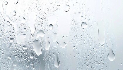 Ultra realistic close-up of a foggy glass surface with condensation droplets and streaks of water on a light blue background. Perfect for weather, moisture, and texture themes.
