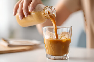 Person pouring ready to drink protein coffee into glass with ice