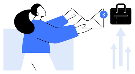 Woman holding an envelope with a notification badge, briefcase symbol, and upward arrows. Ideal for email management, work communication, digital organization, career growth, productivity concepts