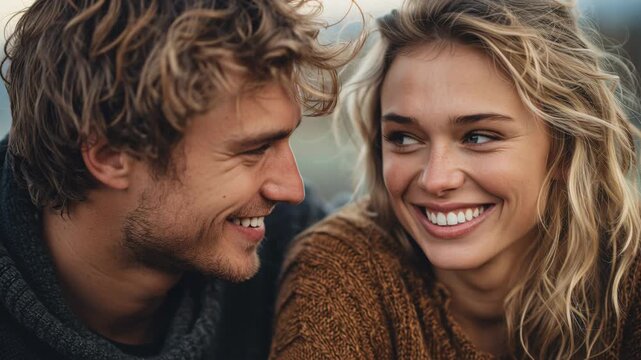 Young loving couple smiling and sharing a moment of love and complicity