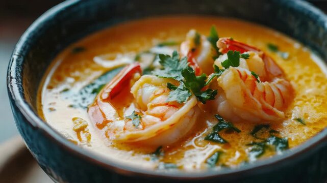 A delectable Thai soup featuring shrimp and aromatic herbs, perfect for a warm meal.