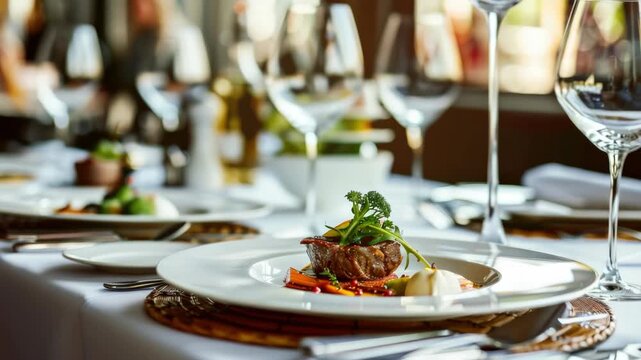 A gourmet meal served on elegant tableware with utensils.