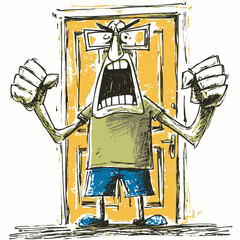 Furious man with clenched fists and open mouth yelling in front of a doorway, expressing extreme anger and frustration