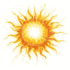 A bright and fiery golden sun symbol with glowing rays, representing an abstract energetic solar flare vector illustration isolated on white