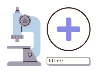 Microscope, medical cross, and web address bar convey scientific research, online healthcare platforms, telemedicine, diagnostics, biotechnology advancements, healthcare innovation, simple flat