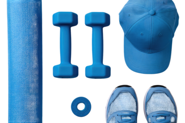 Blue fitness gear, mat, dumbbells, cap, shoes
