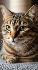 Behold the captivating beauty of a Brown Tabby Cat in this stunning portrait. The feline's piercing Green Eyes draw you in, while its intricate coat pattern and graceful pose exude elegance and charm.