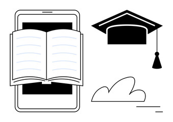 Open book on a smartphone, graduation cap, and cloud element symbolizing education, knowledge, and digital learning. Ideal for e-learning, online courses, virtual classrooms, education apps academic