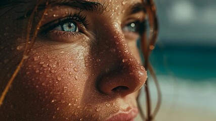 Close up portrait of beautiful young woman with water drops on her face enjoying summer vacation at the beach - Powered by Adobe