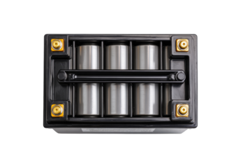Top-down view of a battery pack.  Four cylindrical battery cells, housed in a rectangular, black plastic casing.  Metal supports and a connecting bar visible