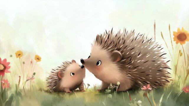 Mother hedgehog with baby hedgehog in pastel colors with flowers, a meadow scene.