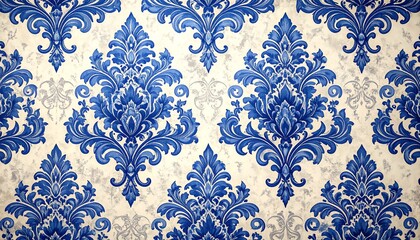 Blue damask wallpaper. Ornate floral pattern with swirling, symmetrical motifs in dark blue against an off-white, textured background. Repeating vintage design