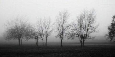 Fototapeta premium Bare trees stand silhouetted against a misty, foggy backdrop creating a haunting, yet serene, landscape.