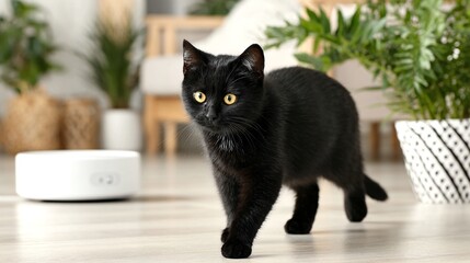 a black cat with yellow eyes walking on a hardwood floor