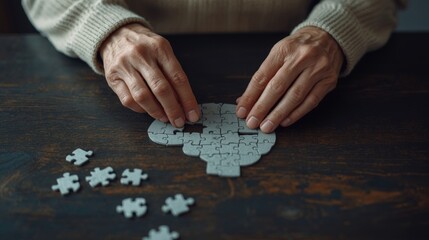 Person solving a brainshaped puzzle, concept of problemsolving, critical thinking, education, neuroscience, puzzles, mental health, therapy, cognitive skills, intelligence.