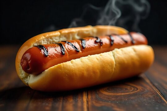 Close-up shot of a delicious grilled hot dog, perfectly seared and juicy, nestled in a soft bun  Ready to be devoured! Steam rises, highlighting its appetizing aroma ,  pork,  outdoor,  bbq