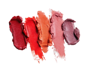 Lipstick swatches in various shades of red, orange, and pink, on black background