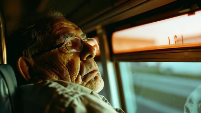 Older gentleman riding bus, looking out window, vintage vehicle traveling on street.