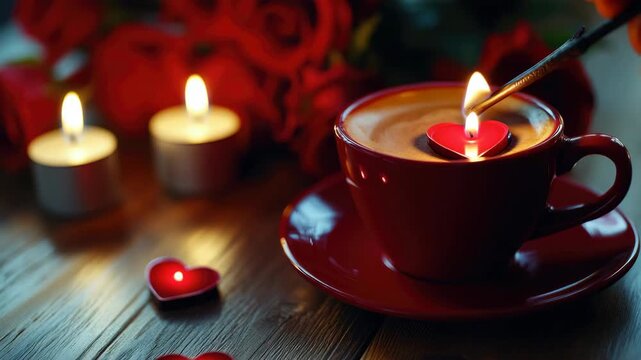 A cup of coffee with heart-shaped foam, possibly as a sweet gesture for Valentine's Day or a romantic surprise for someone special.