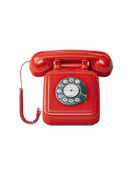A vibrant red rotary dial telephone.  The phone is  classic style with a dark, circular dial, and a  red handset attached by a coiled cord.  A  top-down view