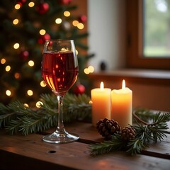 Cozy Christmas atmosphere at home, a glass of wine, fir cone, fir branches and burning candles, on a wooden table. Christmas tree in the background.