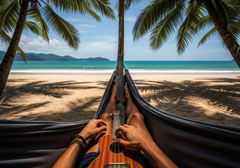 Relaxing Holiday Vacation Playing Ukulele in Hammock on Tropical Beach Paradise Serene Ocean View