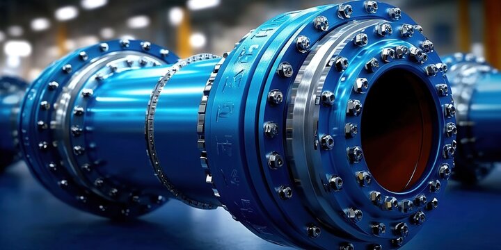 Detailed view of a blue industrial pipeline component, featuring bolts and flanges