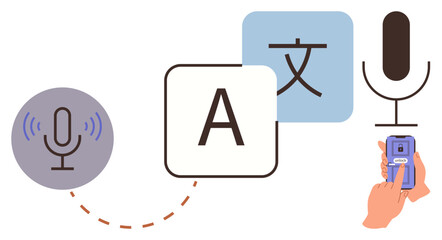 Microphones, language icons, and a smartphone connected by dotted lines represent speech recognition, text conversion, and multilingual translation. Ideal for communication, AI, technology, language