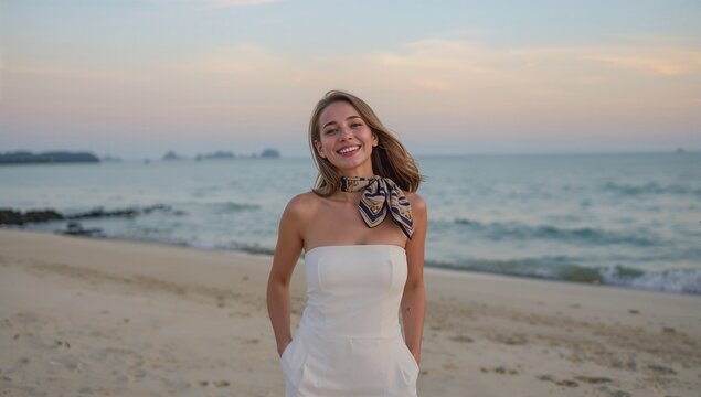 Elegant woman in white strapless jumpsuit with scarf smiling on beach at sunset