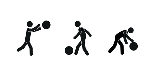 stick man with a ball in different poses, human figure, sports, people doing sports outdoors, healthy lifestyle