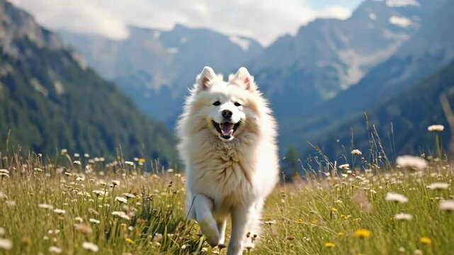 Wolf-like dog enjoys hike in alpine meadow