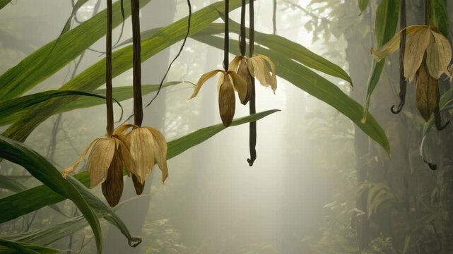 The delicate orchid blooms amidst the dense forest, its unique flower hanging from an overhead branch. The misty atmosphere adds a mystical touch to this rare and exotic sight.
