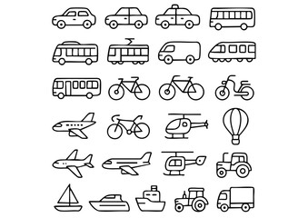 "Transportation Vector Icon Collection"
"Vehicles and Travel Outline Icon Set"
"Minimalist Transport and Mobility Vector Pack"