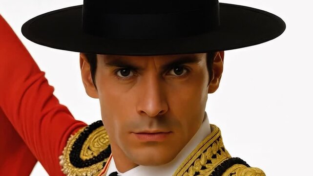 Matador facing off with a black bull with red cape turn to camera with intense look