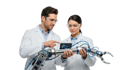 Scientists working with robotic arm in laboratory for research and development of automation technology on transparent background