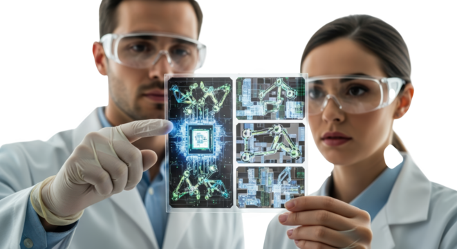 Scientists examining futuristic technology advanced research and development innovation concept design on transparent background