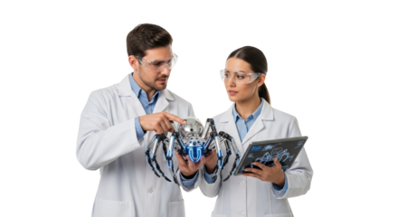 Robotics research team developing advanced spider robot technology for future applications in science on transparent background