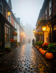Fototapeta premium Calle adoquinada iluminada con faroles y decorada con calabazas de otoño