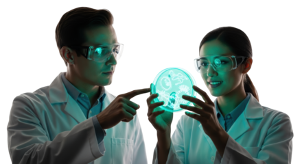 Scientists examining petri dish in laboratory for medical research and scientific discovery work on transparent background