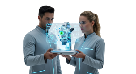 Futuristic science lab research with microscope and scientists for medical innovation and development on transparent background