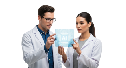 Ai research scientists examining artificial intelligence tech in lab for innovation and development on transparent background