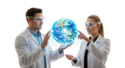 Scientists using augmented reality to study globe for climate change research and global health analysis on transparent background