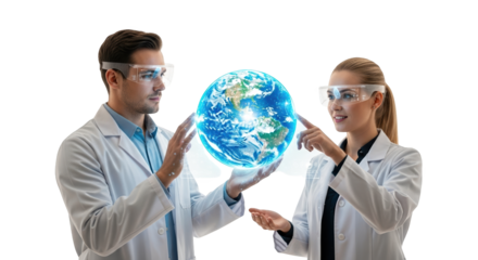Scientists using augmented reality to study globe for climate change research and global health analysis on transparent background