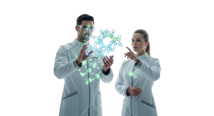 Scientists analyzing molecule structure in lab for medical research and development innovation of science on transparent background