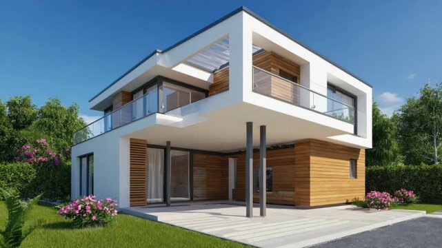 Newly constructed modern two-story house with a clean, minimalist design featuring white exteriors and large windows for ample natural light. Includes an outdoor dining area and private garden.