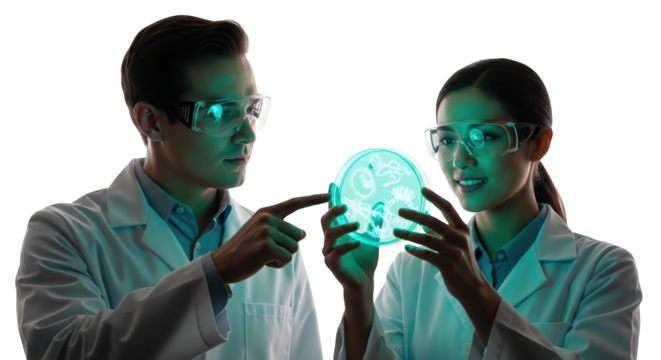 Scientists examining petri dish in laboratory for medical research and scientific discovery work on transparent background