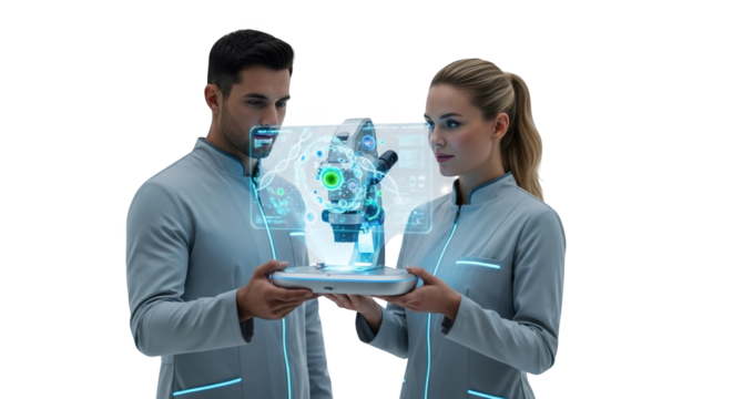 Futuristic science lab research with microscope and scientists for medical innovation and development on transparent background